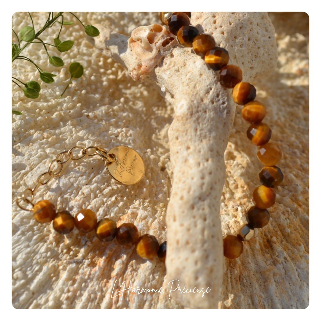 - INTUITION - Bracelet – Œil de Tigre facetté & plaqué or 18k