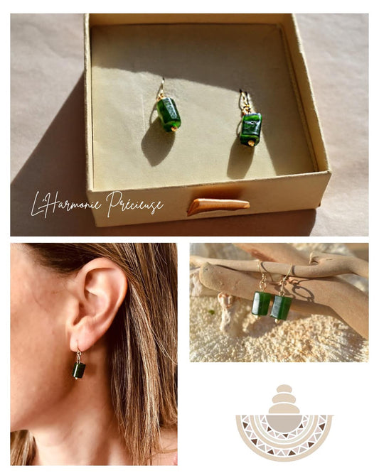 Boucles d’oreilles délicates Porte bonheur Jade Nephrite - plaqué or 18k - Junko Tabei
