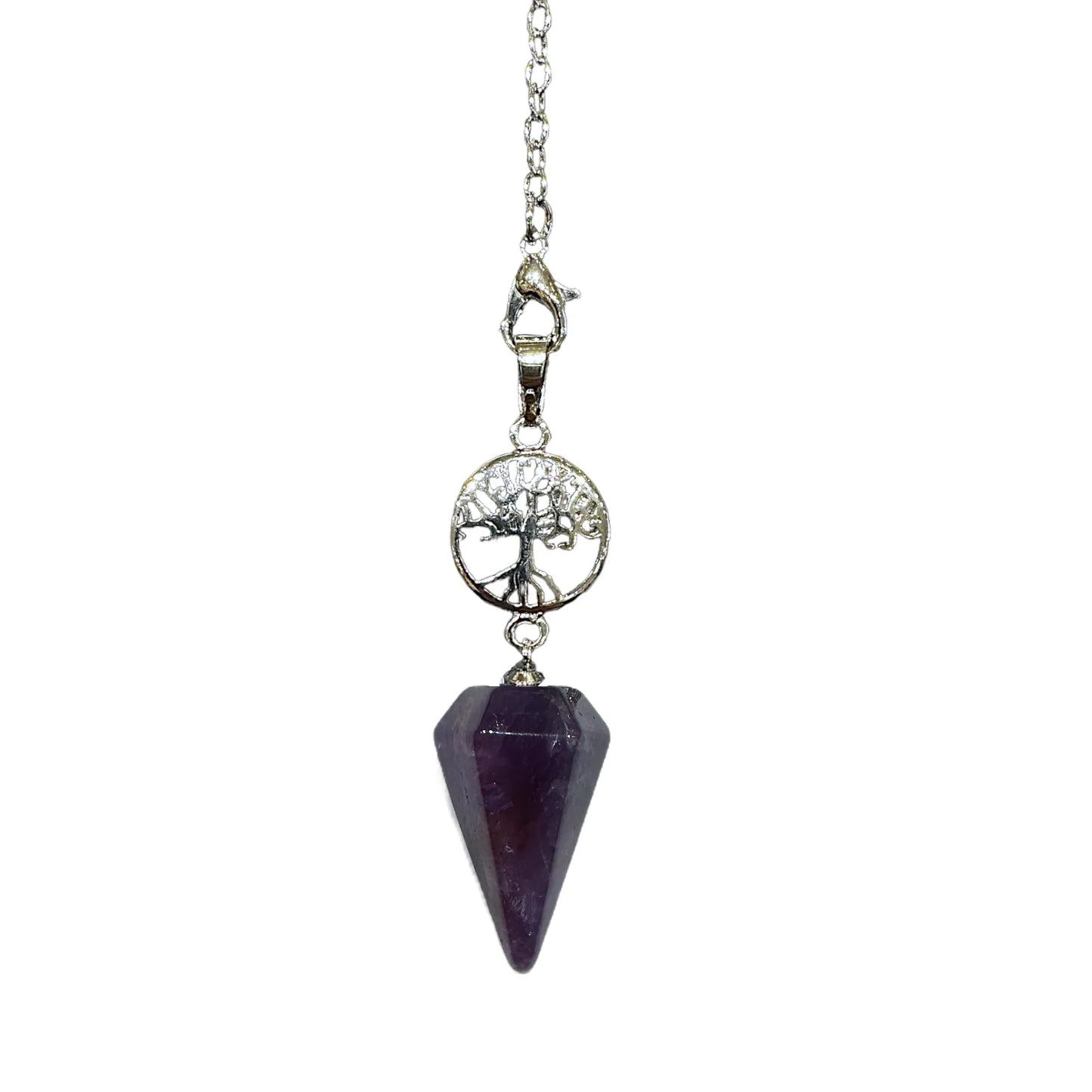 Pendule – Améthyste – Cône Arbre de Vie facetté – 27 cm – Chaîne inox